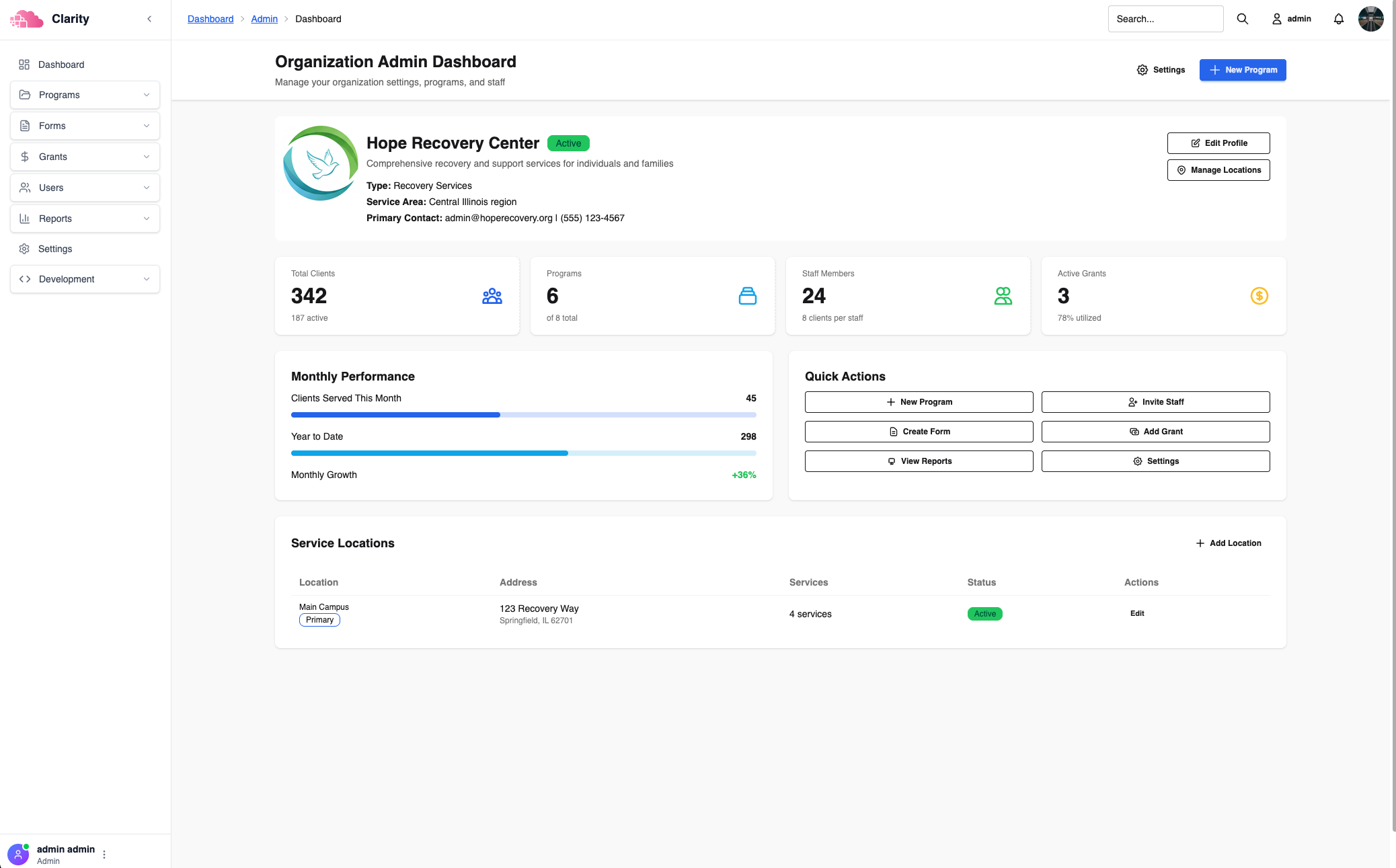 Clarity Dashboard Interface
